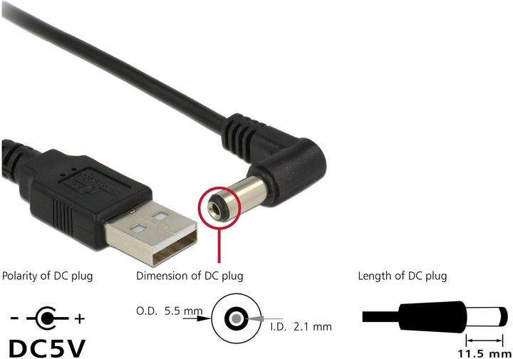Produktbild Delock USB2.0-Stromkabel A-5VOLT, 1.5m, schwarz (1.50 m)