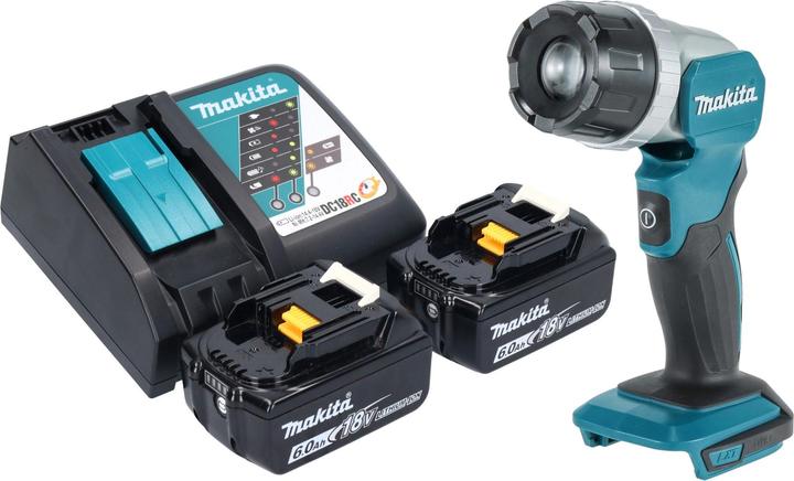 1x Makita DML 808 cordless hand lamp, 2x Makita BL 1860 B 18 V 6.0 Ah rechargeable battery, 1x Makita DC 18 RC rechargeable battery quick charger