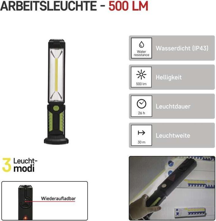 Produktbild Emos COB LED + LED Arbeitsleuchte P4525,500 lm,Li-Ion 2000 mAh (500 lm)