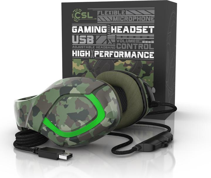Produktbild CSL Gaming Headset, USB "GHS-103" Camouflage mit Mikrofon, Over-Ear Kopfhörer für PC, PS4 / 4 Pro, PS5 (Kabelgebunden)