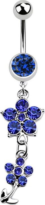 Produktbild Star Piercing Banane silber mit Anhänger zwei Kristallblumen dunkelblau (ohne Messing, Chirurgenstahl 316L)