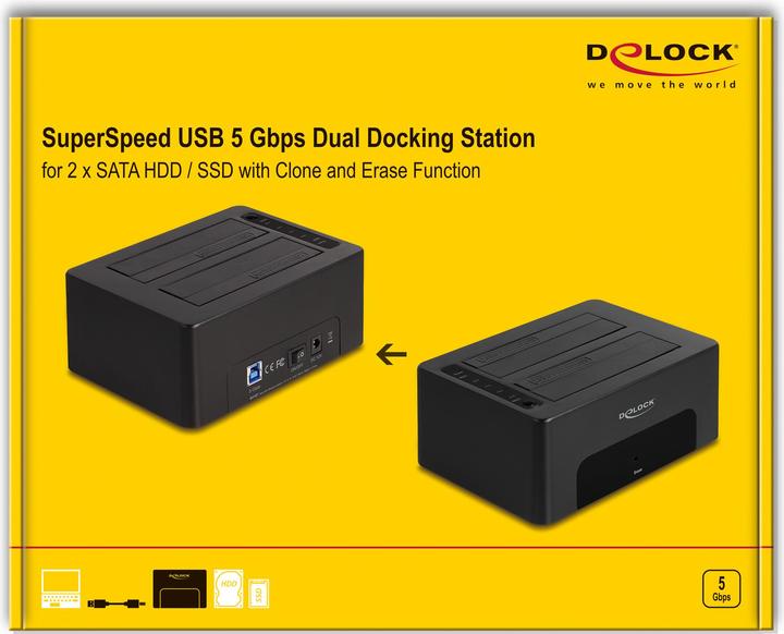 Actual product image Delock USB Dual Docking Station for 2 x SATA HDD / SSD with clone and erase function