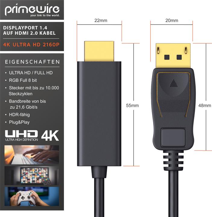 Produktbild Primewire DisplayPort — HDMI (Typ A) (2 m, DisplayPort, HDMI)