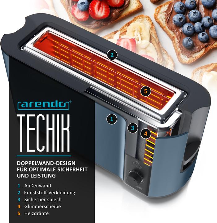 Actual product image Arendo Toaster Edelstahl Langschlitz 2 Scheiben, Doppelwand, Display mit Restzeitanzeige, Brötchenaufsatz