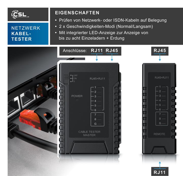 Actual product image CSL Network cable tester for RJ45 RJ11 cables - Patch cable line tester - LAN Network Cable Tester
