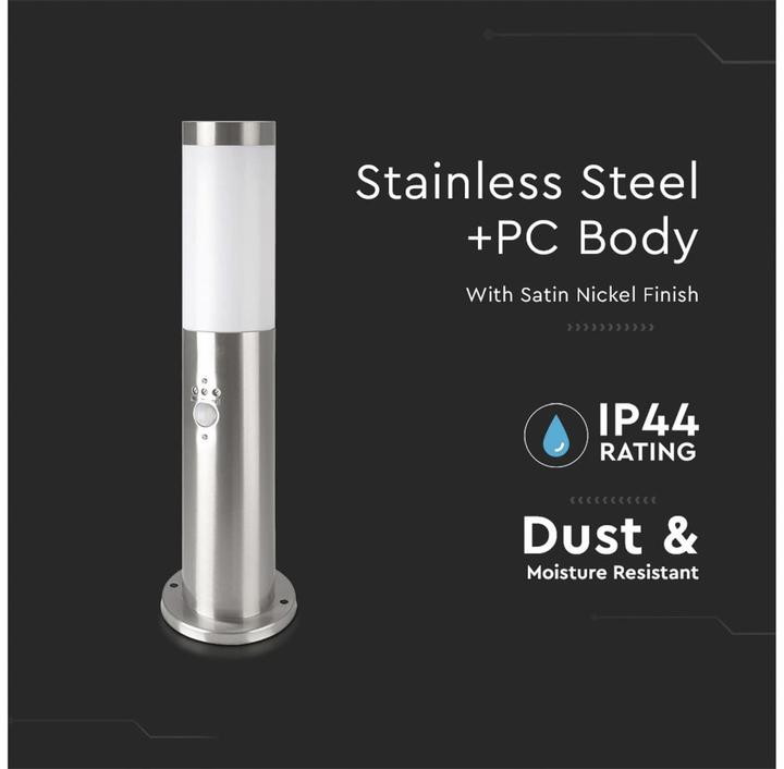 Produktbild V-TAC Poller-Aussenleuchte VT-838, IP44, E27, PIR-Sensor, 450mm, Edelstahl, VT-8964, Nickel-satiniert (200 lm, E27, IP44)