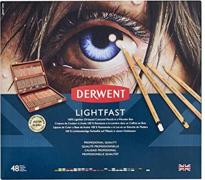 Actual product image Derwent Lighfast coloured pencils gift set in wooden box, 48 pieces (48 x)