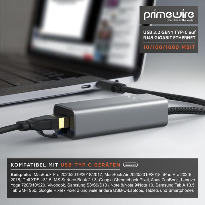Immagine prodotto Primewire Adattatore di rete, adattatore di rete da USB-C a RJ45 Gigabit, convertitore di scheda di rete (USB-C 3.2 Gen 1, RJ45 (1x))