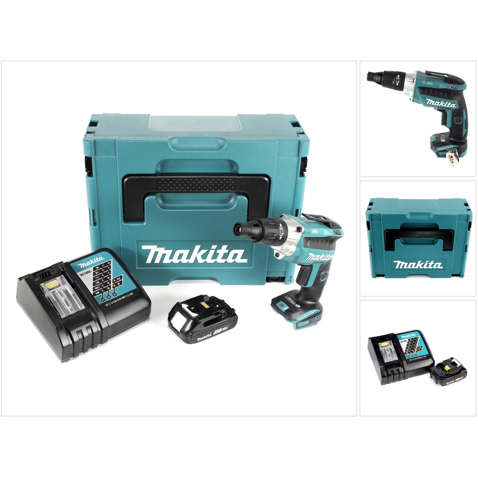 Makita, Bohrmaschine + Akkuschrauber, DFS 251 RA1J Akku Trockenbauschrauber 18 V Brushless + 1x Akku 2,0 Ah + Ladegerät ...