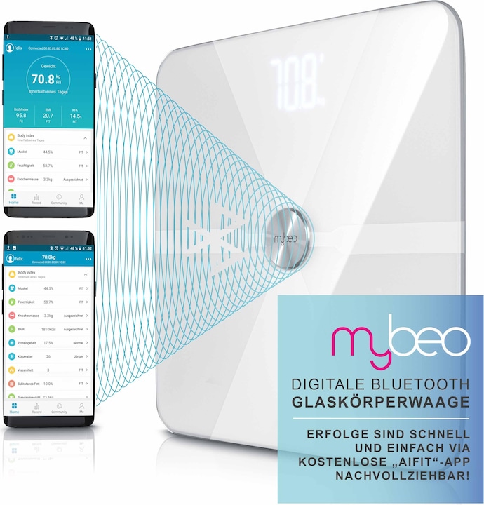 Produktbild Mybeo Körperfettwaage, Digitale Bluetooth Körper Analyse Waage, Diagnosewaage mit App-Steuerung, weiss (180 kg)