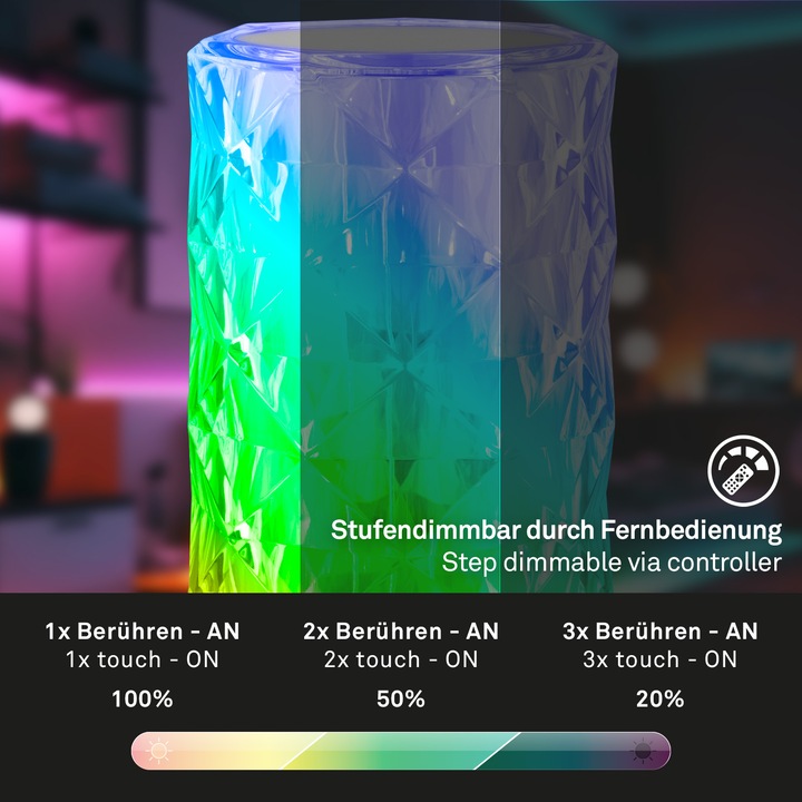 Immagine prodotto Briloner Lampada da tavolo ricaricabile a LED RGB, aspetto cristallino, trasparente, 1xLED/2.3W (65 lm)