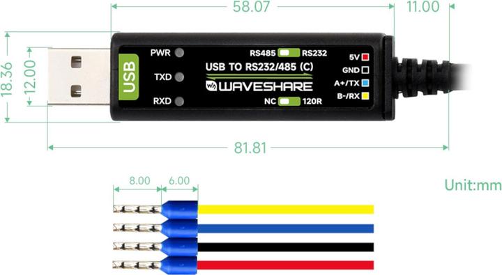Energie-Label WaveShare Industrieller USB zu RS232/485 Konverter FT232RNL mit Kabel