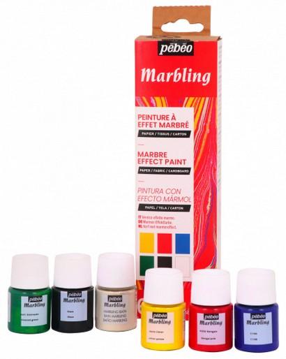 Produktbild Pebeo Erste Schritteset Marbling 6x (Smaragd, Zitronengelb, Schwarz, Cyan, Bengalrosa, marmorier bad 18 g, 20 ml)