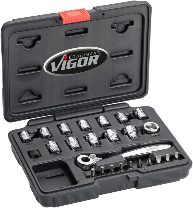 Actual product image Vigor Socket spanner set super flat V5202 square hollow 6.3 mm (1/4 inch) 4 - 14 25 pieces (11 mm, 12 mm, 14 mm, 13 mm, 10 mm)