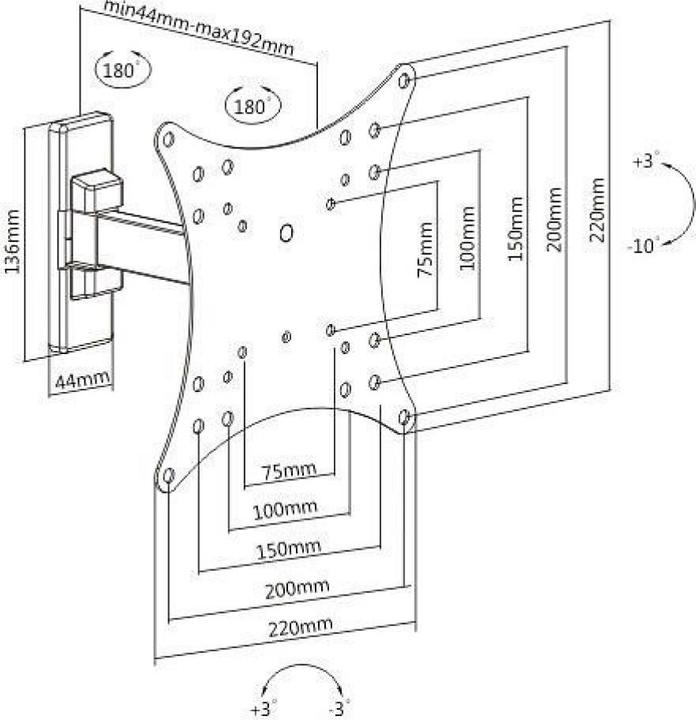Image du produit Techly Pince pour téléviseur LCD (bras réglable) - noir - taille d'écran : 58.4-106.7 c (Mur, 20 kg, 23" - 42")