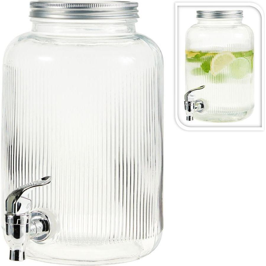 Lumarko Silber/Transparent Getränkespender Aus Glas Mit Deckel, 4L, Zylinderförmig, Getränkespender,