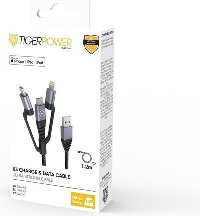 Produktbild Muvit TIGER CABLE 3EN1 USB/MICRO-USB/TYPE C/LIGHTNING 1.2M GRIS (1.20 m, USB 3.2 Gen 1)