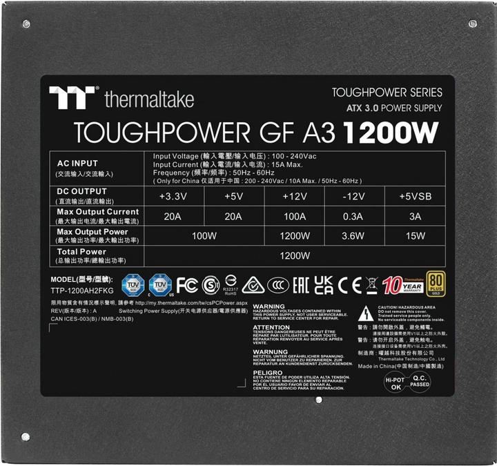 Immagine prodotto Thermaltake Toughpower GF A3 1200W 80+ Gold per Gen 5 (1200 W)