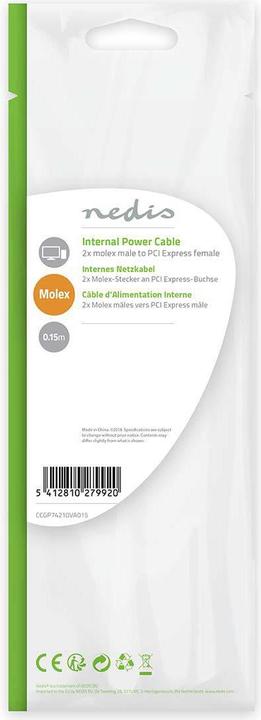 Actual product image Nedis Internal Power Cable 2X Molex Male PCI Express Female Gold Plated 0.20 m Round PVC Black/Yello (15 cm)