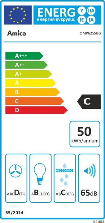 Label énergétique Amica Hotte intégrée OMP6255BG (Hotte à tiroir)