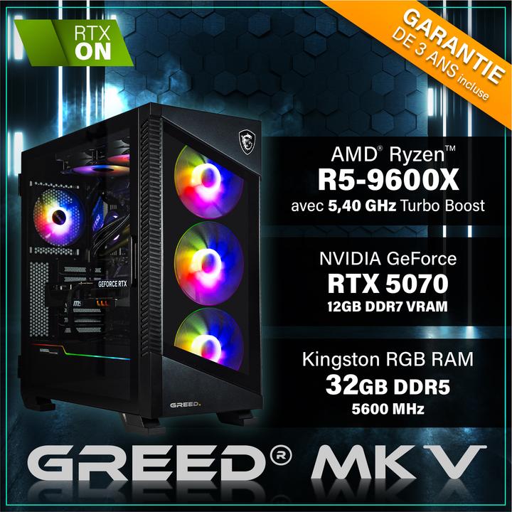 Produktbild Greed MK5 AMD - Gaming PC - RTX 5070 & DDR5 (1000 GB, 32 GB, AMD Ryzen 5 9600X, GeForce RTX 5070)