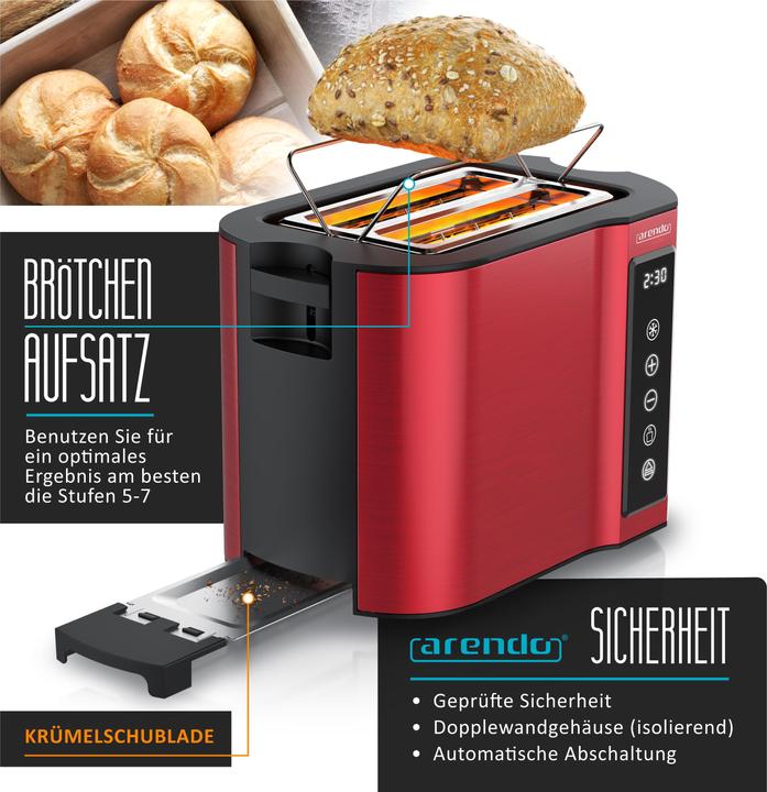 Produktbild Arendo Toaster Edelstahl 2-Scheiben Kurzschlitz, Display mit Restzeitanzeige, Touchpanel, Brötchenaufsatz