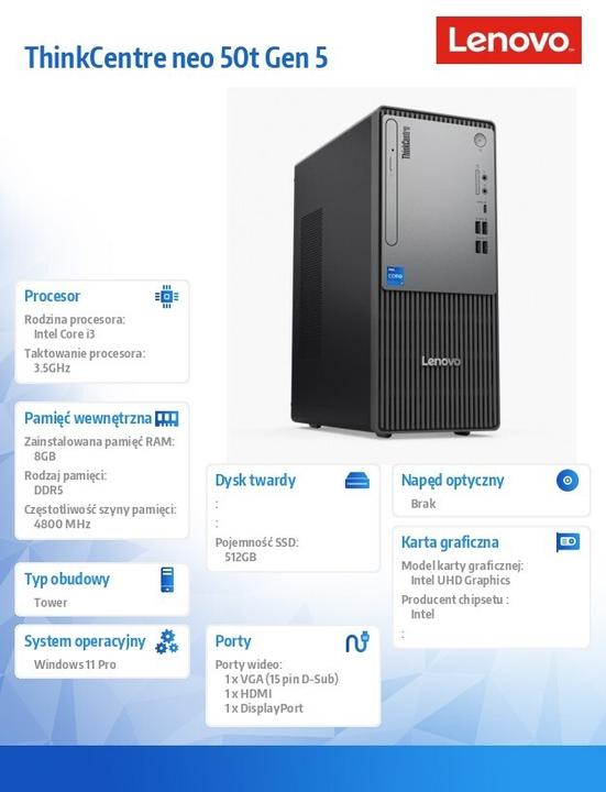 Produktbild Lenovo ThinkCentre neo 50t Gen 5 (512 GB, 8 GB, Intel Core i3-14100)