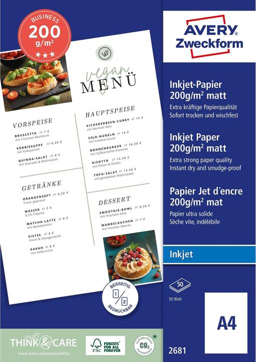 Actual product image Avery Business inkjet paper (200 g/m², A4, 50 x)