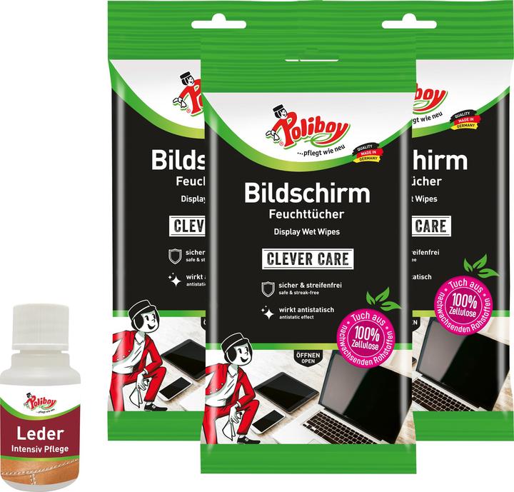 Poliboy Bildschirm Feuchttücher - 3x15 Tücher - inklusive Leder Pflege Probe (45 x)