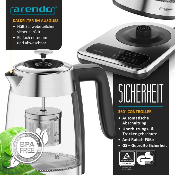 Produktbild Arendo Wasserkocher 2in1 Glas-Teebereiter & Samowar mit Temperatureinstellung 40°-100°C, 1,8 l, 2200W (1.80 l)