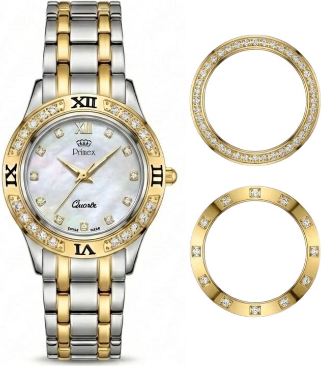 Immagine prodotto Primex Damenuhr, Swiss Made – Zweifarbiges Metallarmband – Perlmuttzifferblatt – 3 austauschbare Lünetten (Fatto in Svizzera, Orologio da polso analogico, 30 mm)