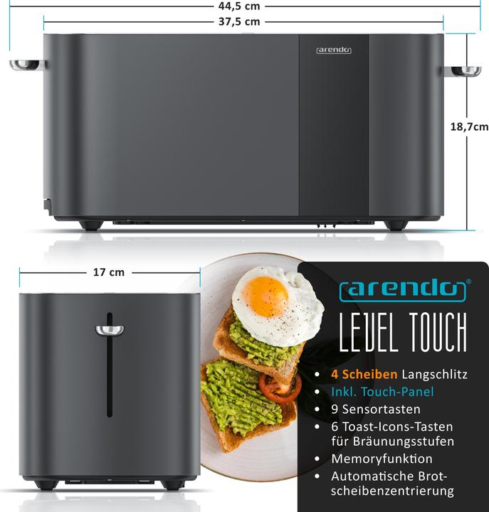 Image du produit Arendo Toaster Edelstahl 4 Scheiben Langschlitz, Touch Display, Bräunungsgrad & Restzeitanzeige, 1500 W
