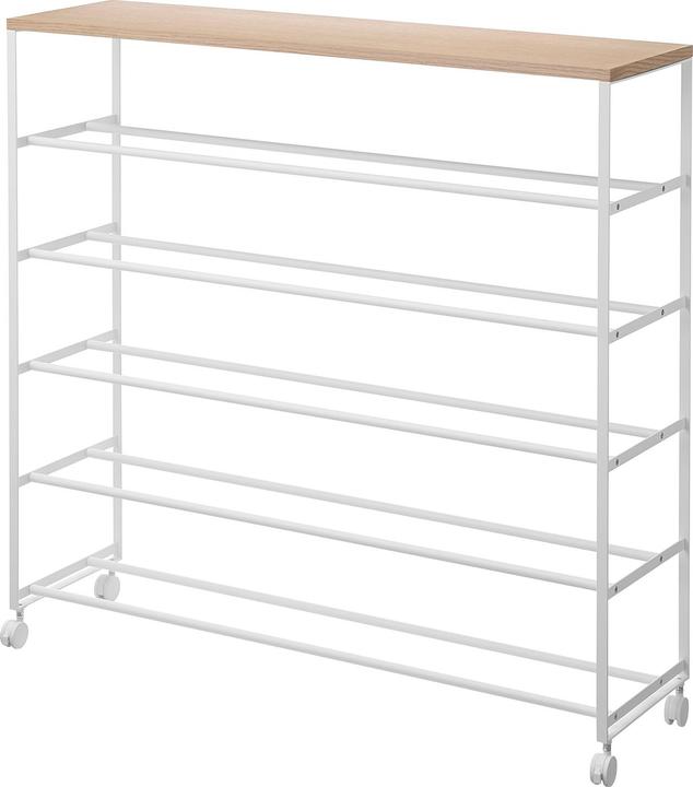 Yamazaki TOWER 5-stöckiges Schuhregal mit Holzablage und Rollen