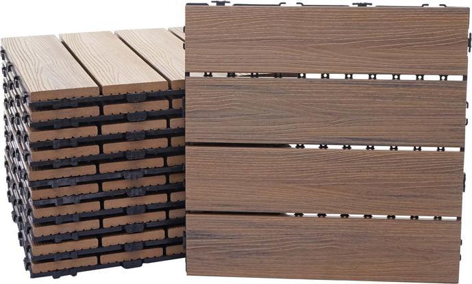 Productafbeelding Swisshandel24 WPC vloertegel, houtlook balkon/terras, 3D structuur lineair 11x elk 30x30cm = 1m², reliëf-bruin (11x, 30 x 30 cm)