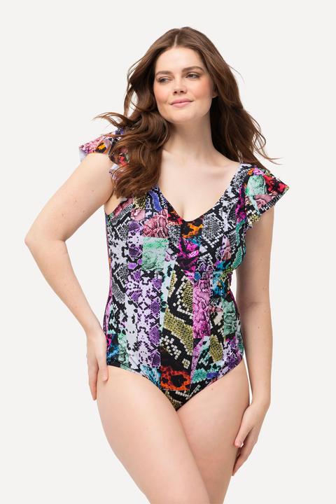 Image du produit Ulla Popken Maillot de bain à mélange d'imprimés et bonnets souples. Manches papillon (44)