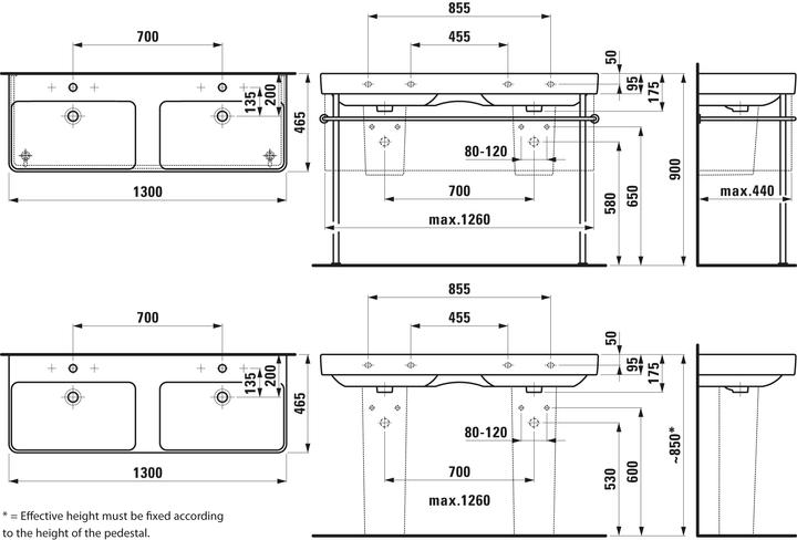 Produktbild Laufen Doppelwaschtisch PRO S 1300x460mm m ÜL 1 HL-Ausf. weiss (460 mm, 1300 mm)