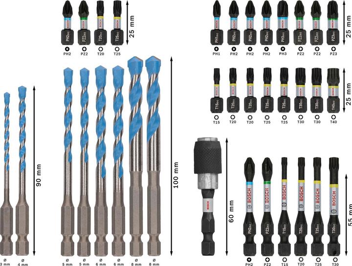 Actual product image Bosch Professional Zubehör PRO Impact Screwdriver Bits and Multi Construction Drill Mixed Set (PH1, PH2, PH3, PZ2, PZ3, T15, T40, 3 mm, 4 mm, 5 mm, 6 mm, 8 mm, T20, T25, T30)