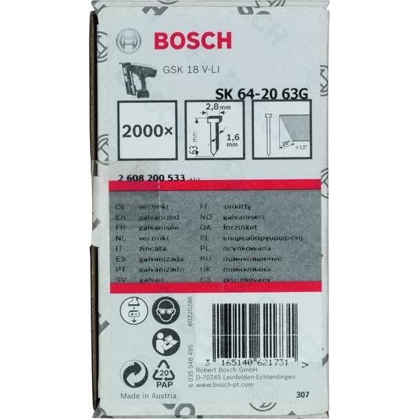 Thumbnail - Bosch Professional Zubehör, Tackerklammern + Tackernägel, Senkkopf-Stift SK64 20G, 63 mm verzinkt