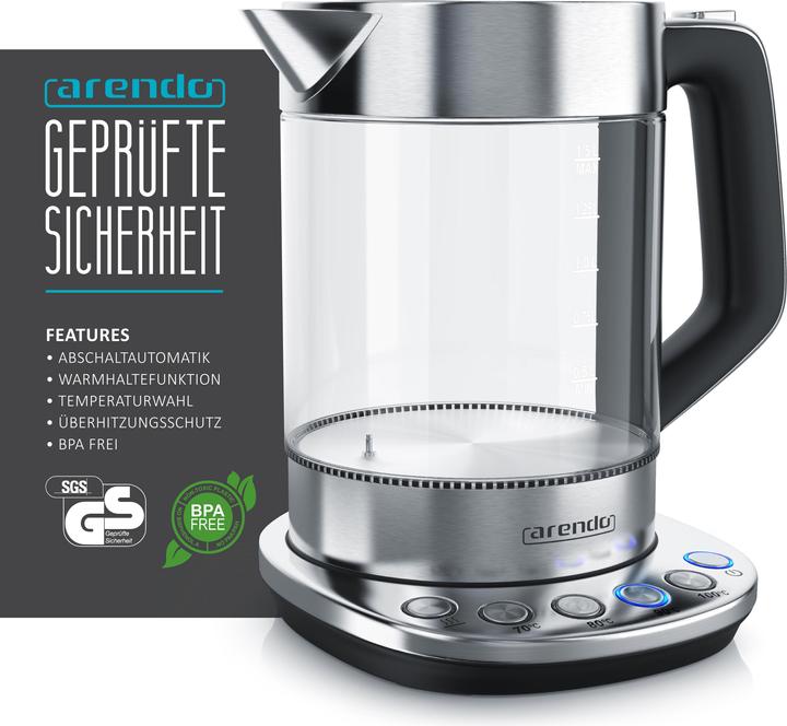 Image du produit Arendo Bouilloire 1,5 l, 2200 W, acier inoxydable & verre avec base, réglage de la température 70° C - (1.50 l)
