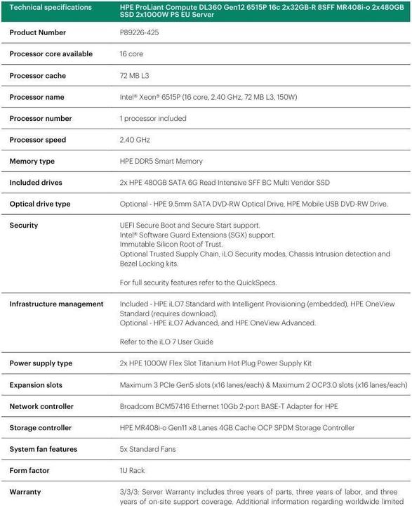 Nährwerte und Zutaten HPE DL360 G12 6515P 2X32G 8SF-LAGER (64 GB, Rack Server)