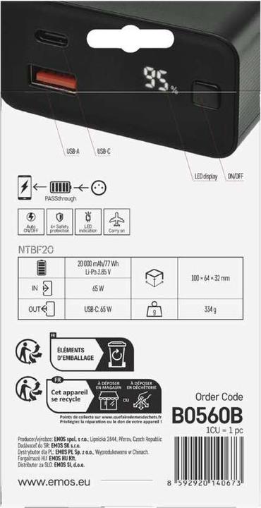 Actual product image Emos Powerbank NTBF20, 20 000 mAh, 65 W PD, schwarz (20000 mAh, 65 W, 74 Wh)
