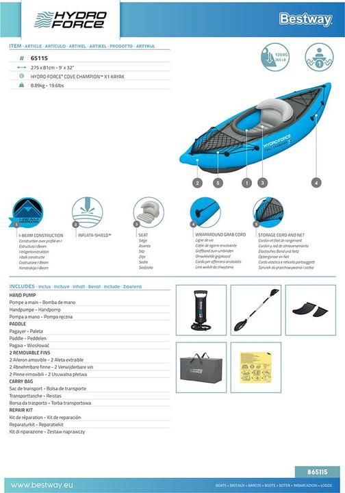Actual product image Bestway Hydro-Force™ Cove Champion™ X1 Inflatable Kayak Set 2.75 m (275 cm, 1 pers.)
