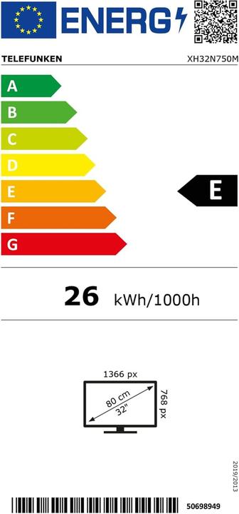 Energie-Label Telefunken XH32N750M (80 cm (32 Zoll), schwarz, WXGA, Triple Tuner, Mediaplayer) (32", LED, HD ready)