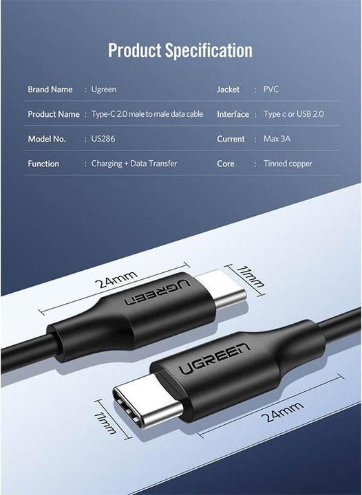 Image du produit Ugreen USB C — USB C (2 m, USB 2.0, 60 W)