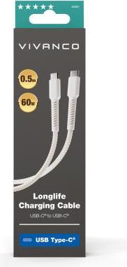 Immagine prodotto Vivanco Cavo USB-C Longlife, nylon, spina USB-C <> spina USB-C, max. 60W, bianco, 0,50m (0.50 m, USB 3.0)