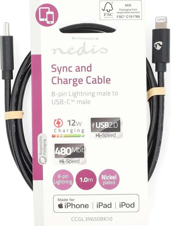 Actual product image Nedis Lightning Cable | USB 2.0 | Apple Lightning 8-Pin | USB-C™ Plug | 480 Mbps | Nickel-plated | 1 (1 m, USB 2.0, 18 W)