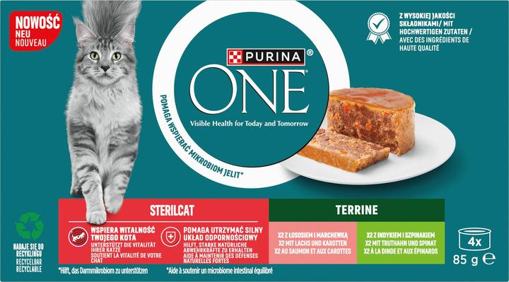 Actual product image Purina ONE Sterilcat Terrine Mit Lachs Und Karotten, Mit Truthahn Und Spinat (340 g)