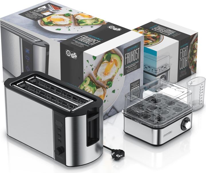 Produktbild Arendo Frühstücks Set, 4 Scheiben Langschlitz Toaster mit Brötchenaufsatz & Eierkocher für 8 Eier, Silber