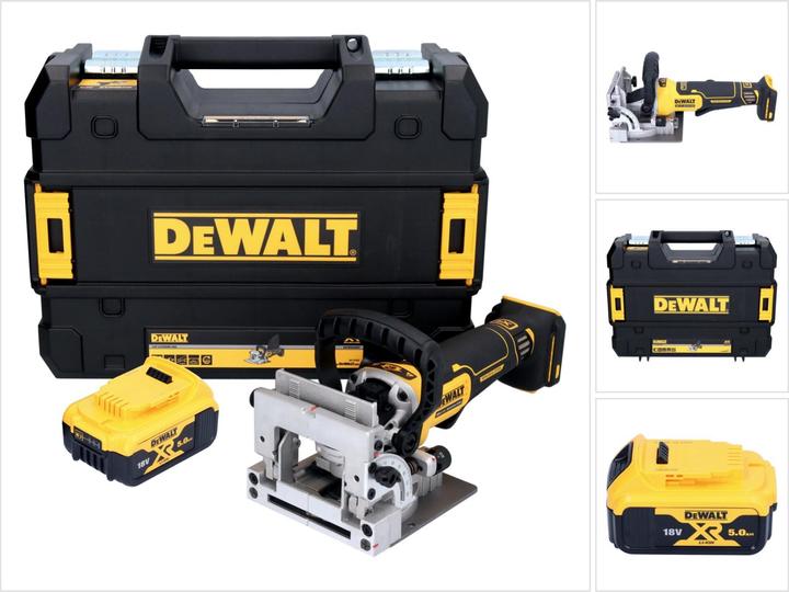 1x DeWalt DCW 682 cordless flat dowel cutter, 1x DeWalt DCB 184 18 V 5.0 Ah battery, 1x DeWalt TSTAK