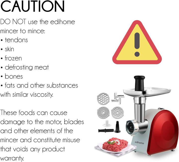 Produktbild Edihome Elektrischer Fleischwolf mit Wurstfüller & 3 Schneidplatten